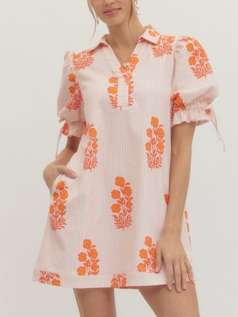 entro Cream Stripe Mini Dress with Orange Floral Print Size Large
